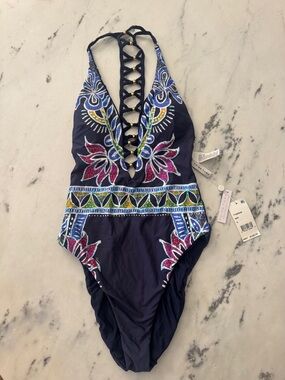 Trina Turk Navy One-Piece Swimsuit with Bright Floral Print- New with tags